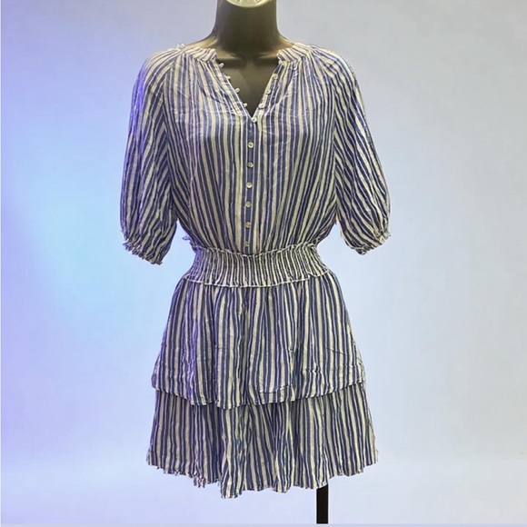 Anthropologie BTFL-life Stripe Tiered Mini Dress SizeXS Blue Bishop Sleeve Beach - Picture 4 of 9